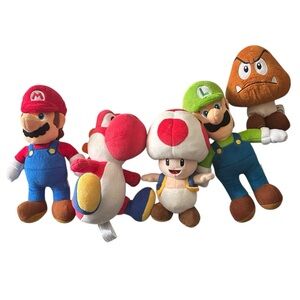 Super Mario Brothers Lot 5 Plush Luigi Mario Goomba Yoshi Toad Mushroom
